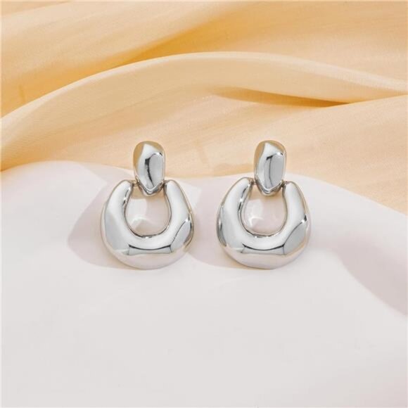 Unique Silver Drop Earrings | Modern Door Knocker Statement Studs - Picture 1 of 5